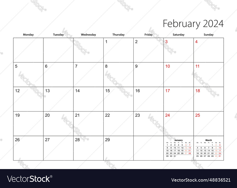 February 2024 simple calendar planner week starts Vector Image