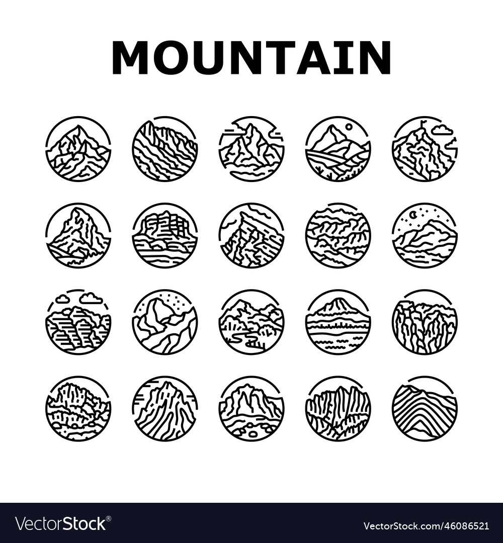 Mountain landscape hill nature icons set