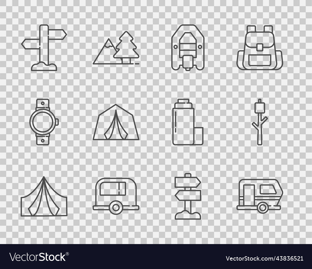 Set line tourist tent rv camping trailer rafting vector image Set line tourist tent rv camping trailer rafting