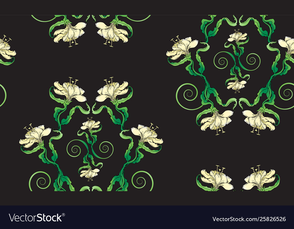 Lily seamless pattern on black background vector image Lily seamless pattern on black background