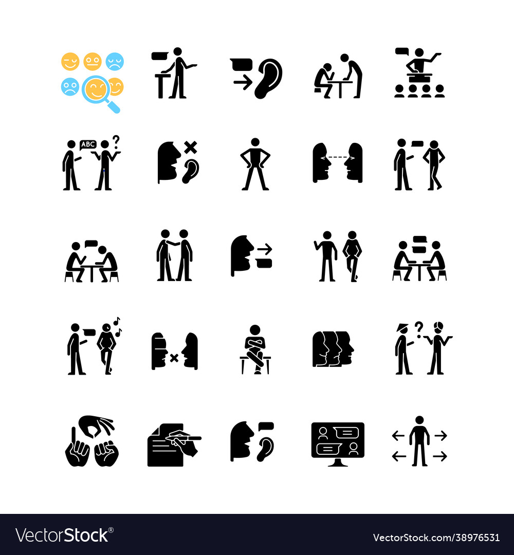 Communication channel black glyph icons set