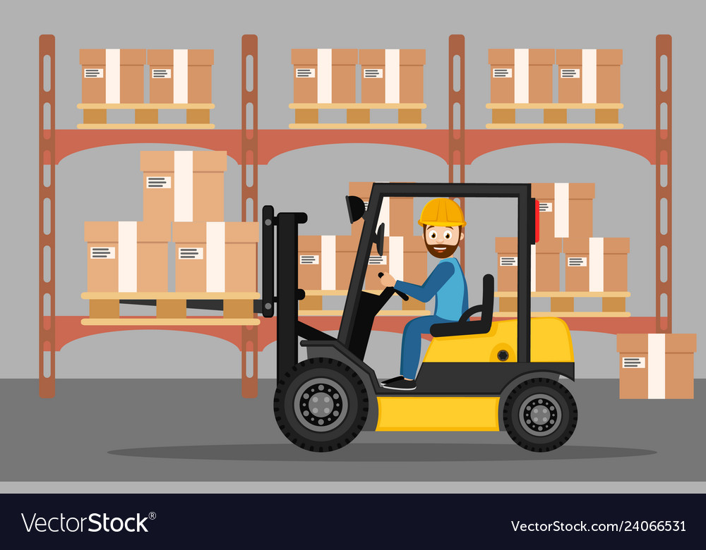 Driver of the forklift carries boxes in the Vector Image