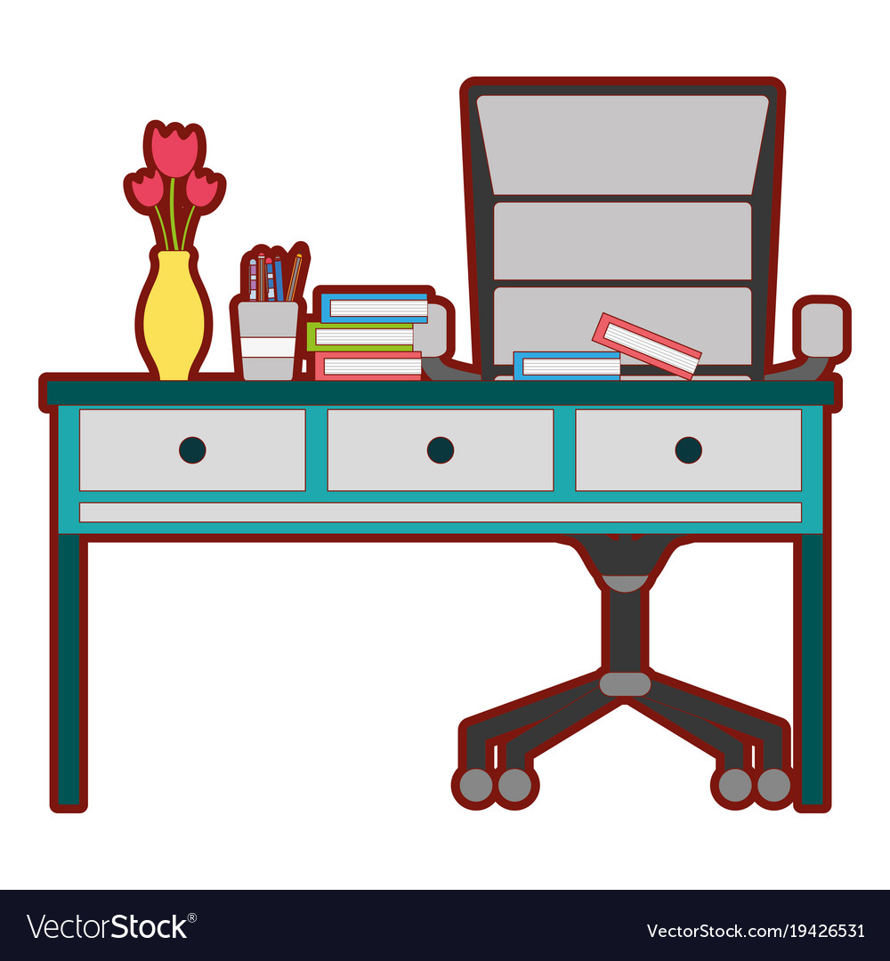 Line color office wood desk with books and chairs Vector Image