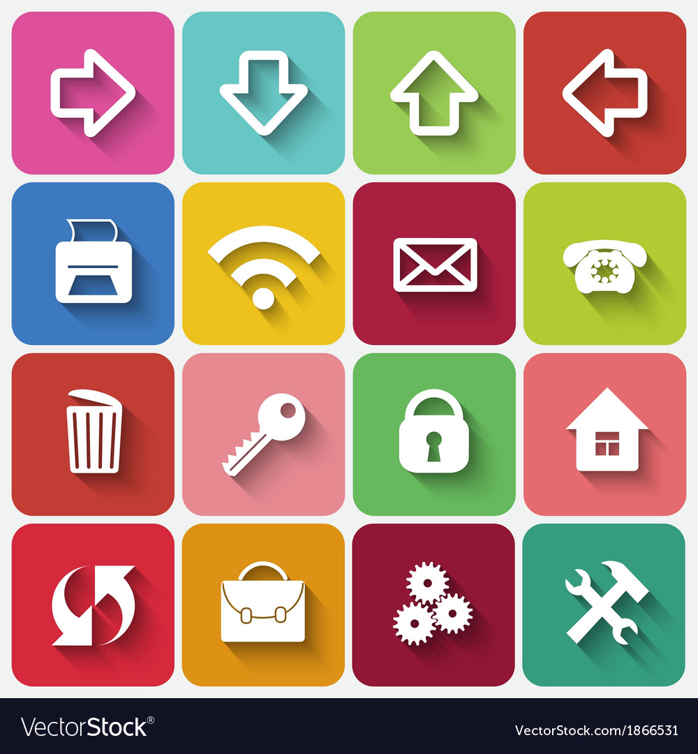 Set of flat square buttons with office theme icons