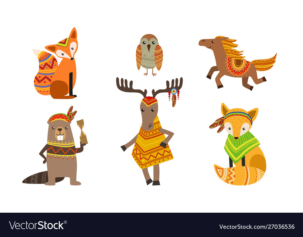 Ethnic patterned animals set fox owl horse