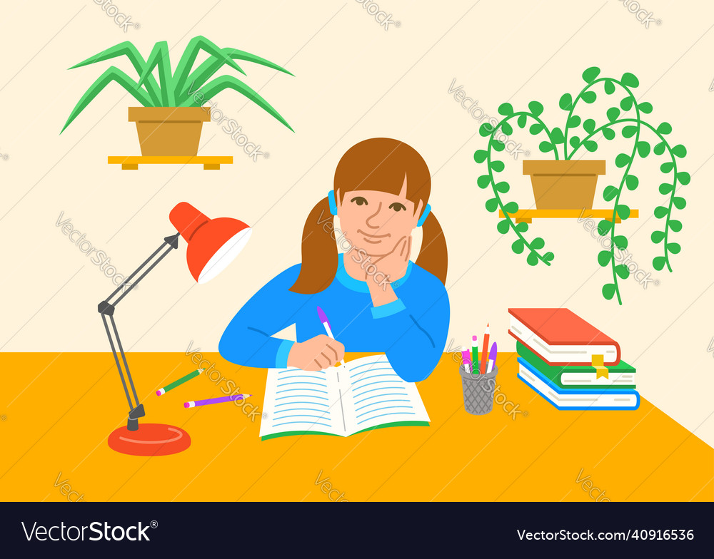 Little school girl doing homework at the desk Vector Image