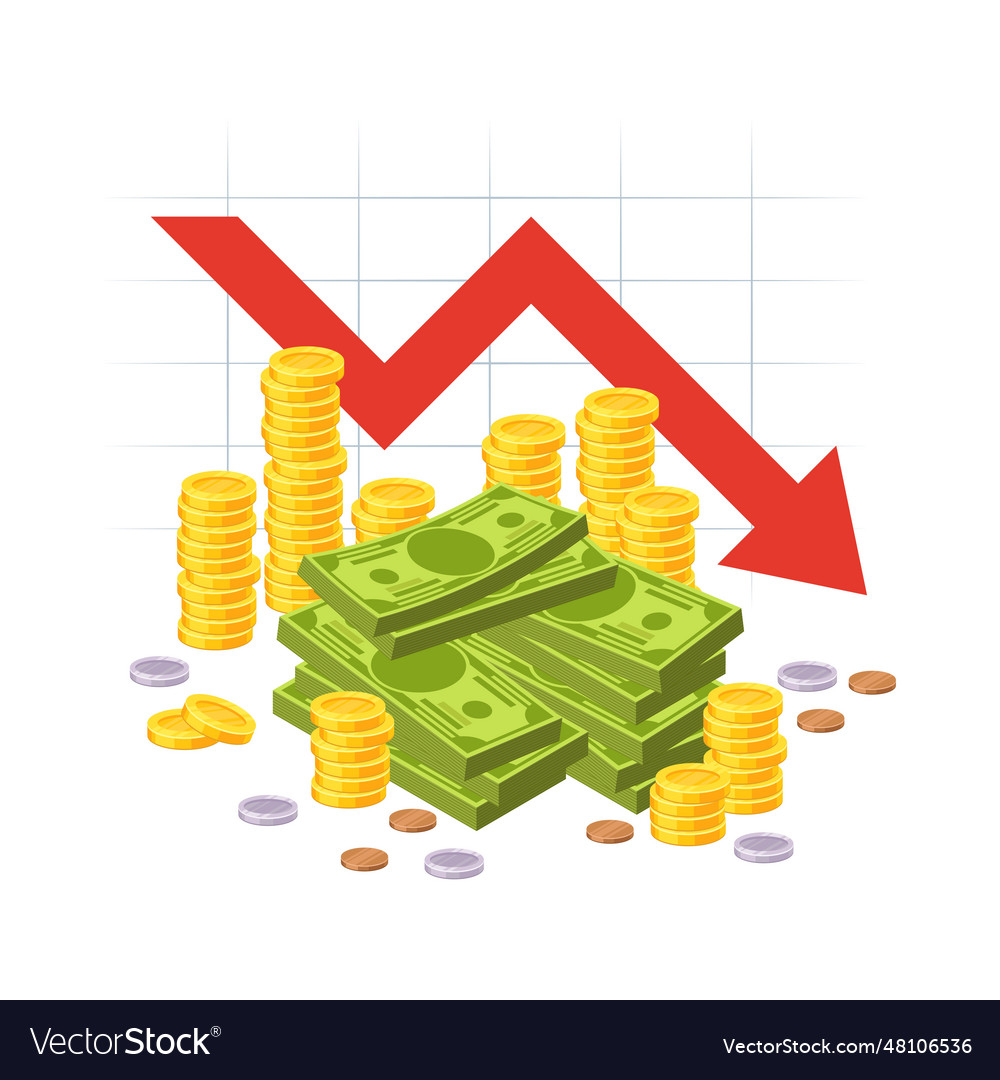 Money loss red down arrow stocks graph with cash Vector Image