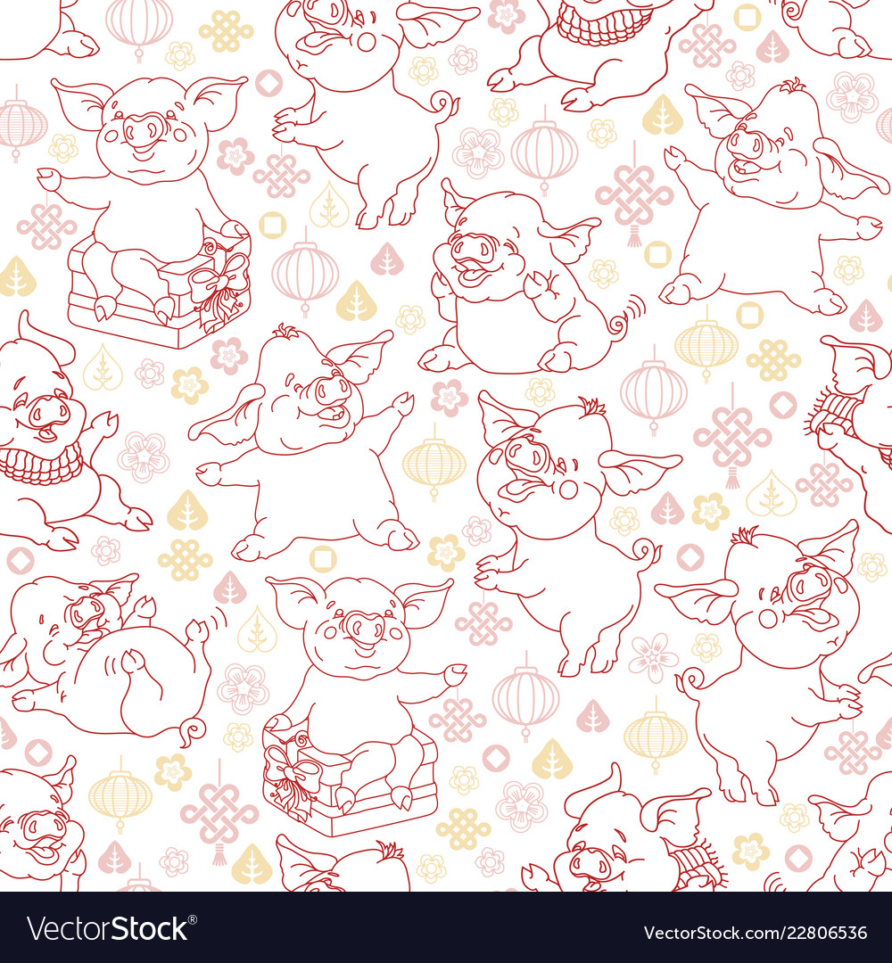 Seamless pattern with linear funny pigs Vector Image Seamless pattern with linear funny pigs