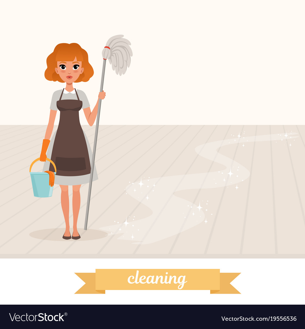 Woman standing on shiny floor and holding mop