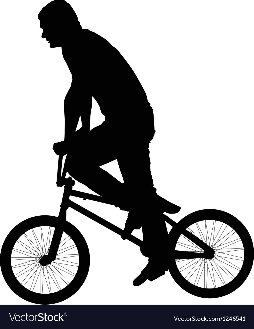 Black silhouette a young man on a bike Royalty Free Vector