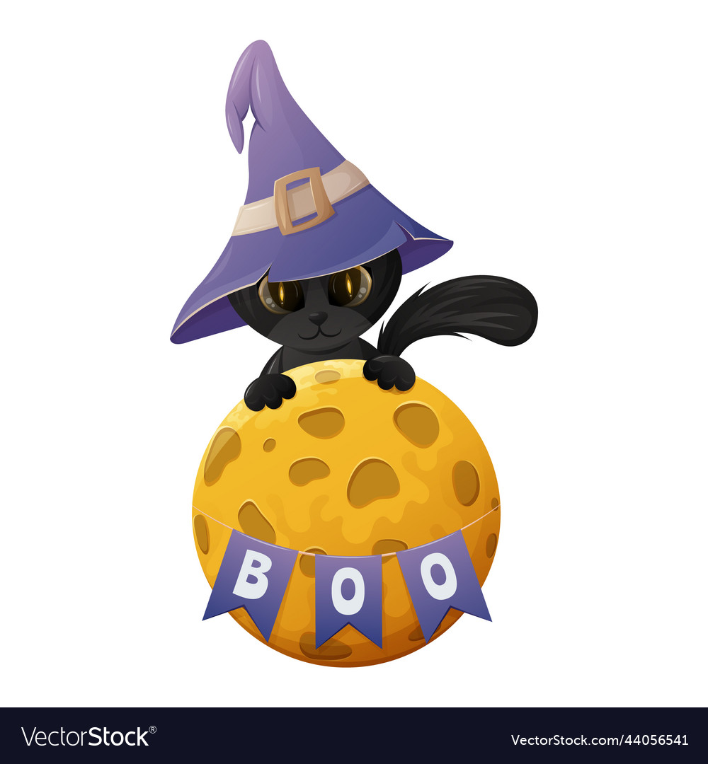 Cute halloween black cat in a sorcery hat and moon