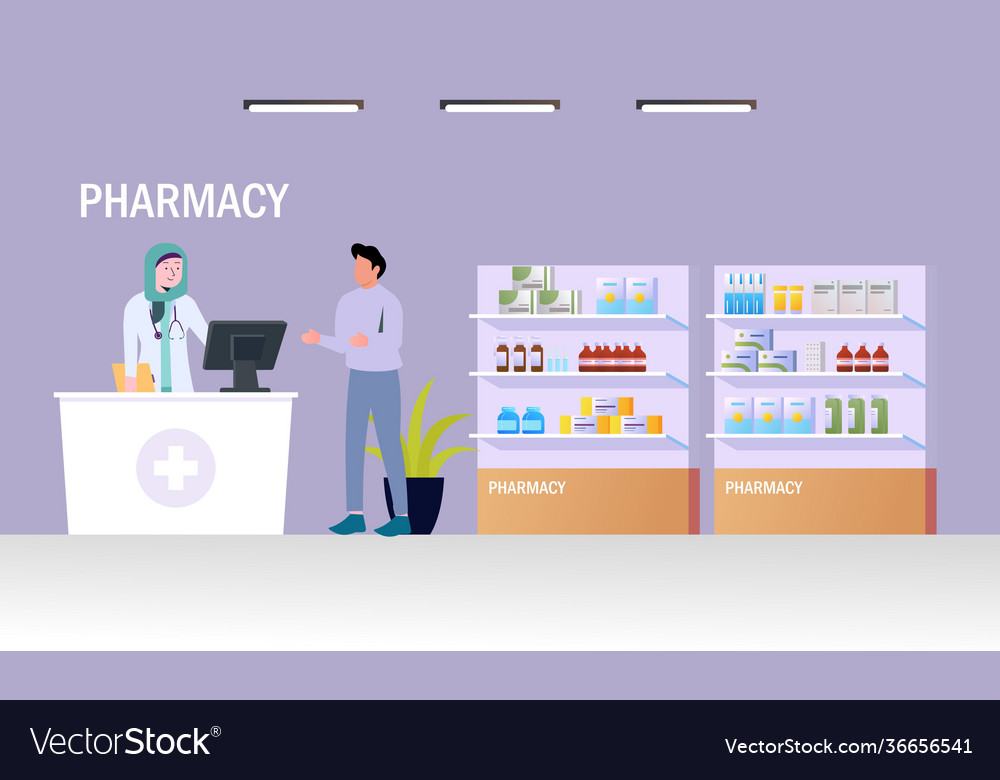 Modern pharmacy interior with visitors set client