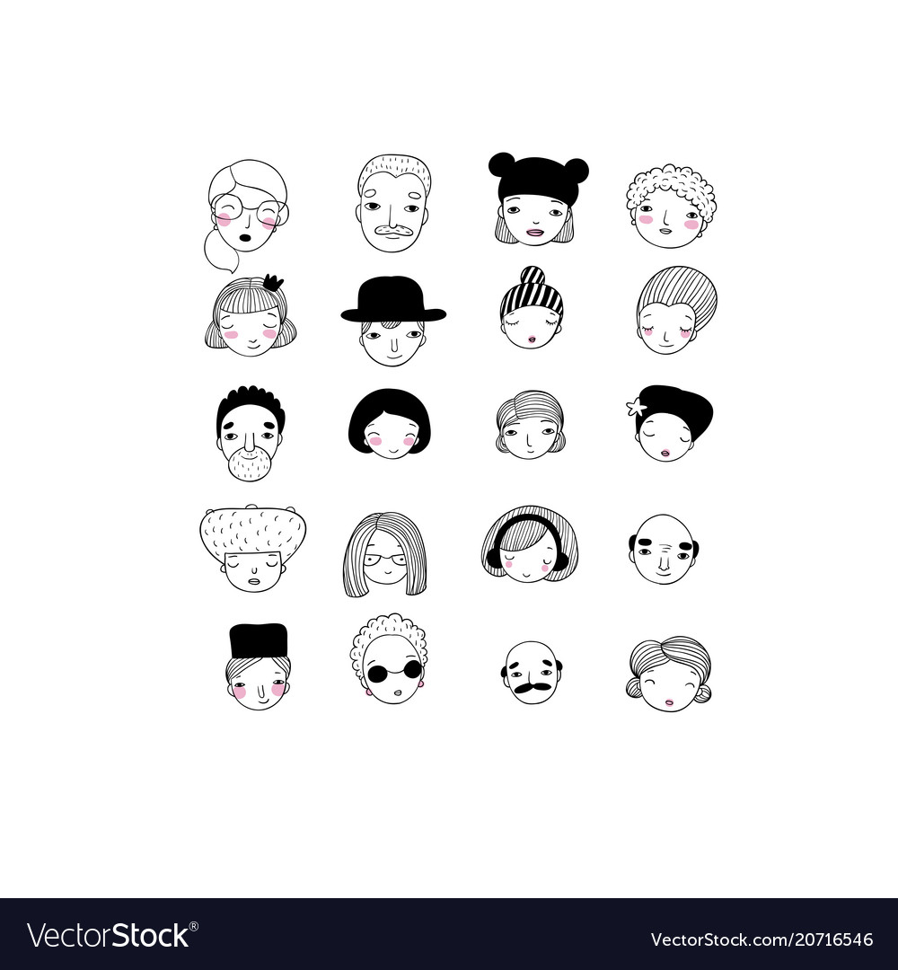 Different faces hand drawing isolated objects vector image Different faces hand drawing isolated objects