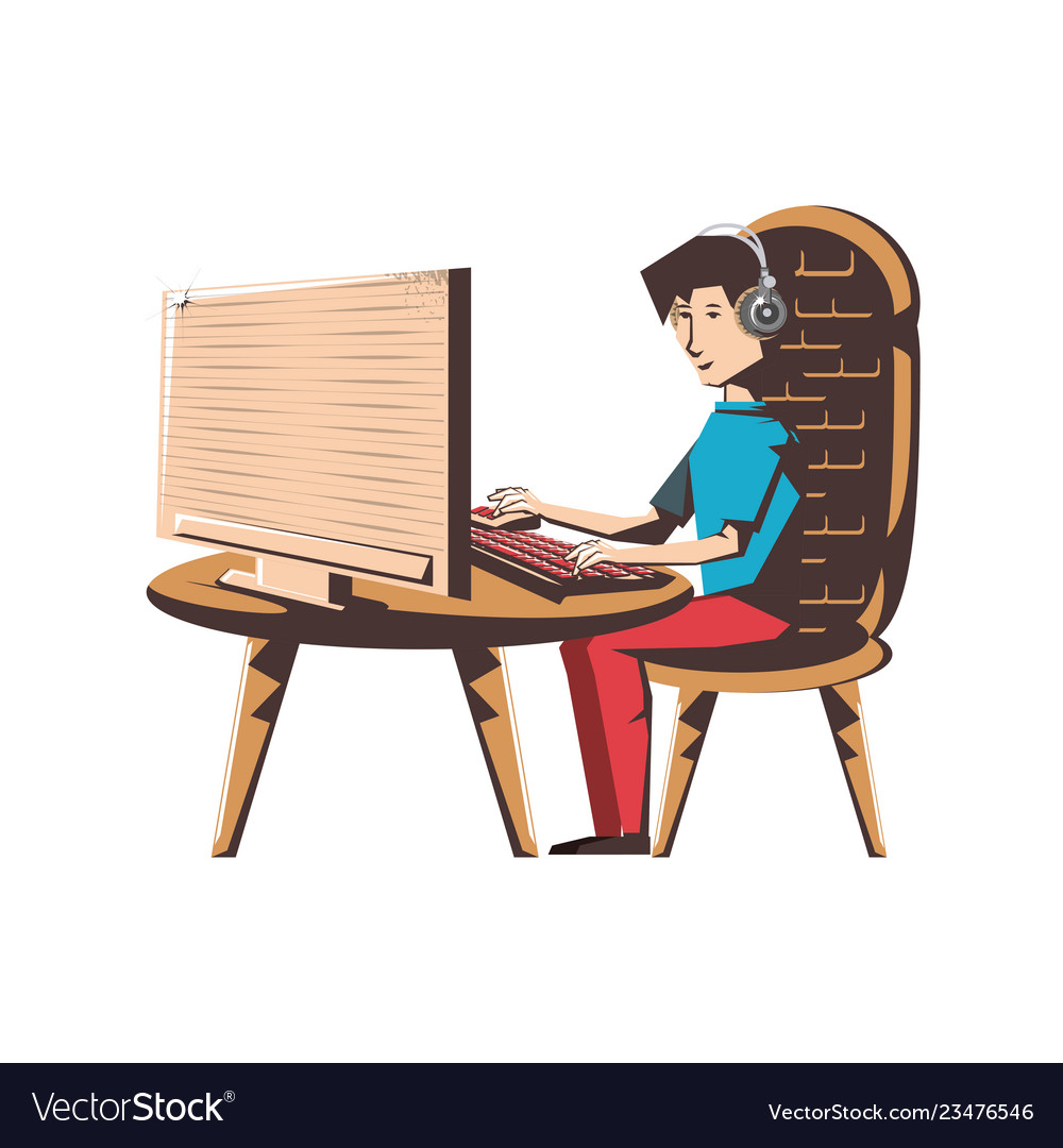 Man with desktop computer and headphone