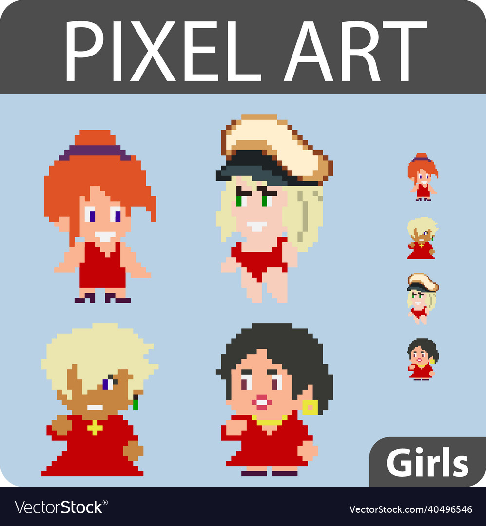 Set of pixel characters in art style vector image Set of pixel characters in art style