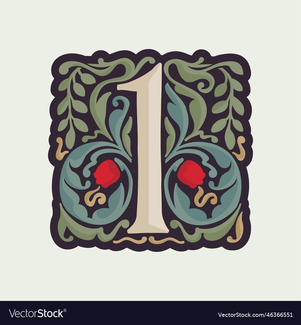 Number one illuminated initial with curve leaf Vector Image