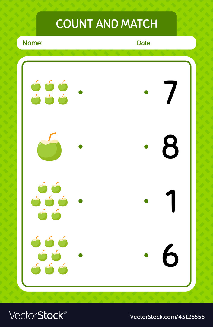 Count and match game with coconut worksheet