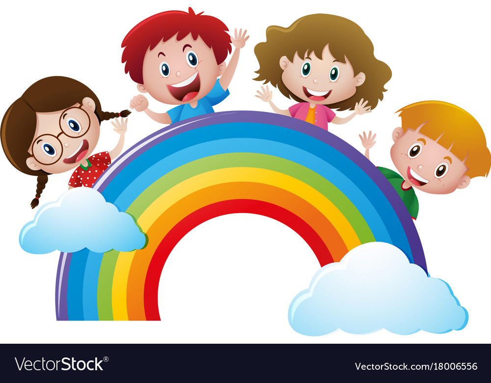 Four kids over the rainbow Royalty Free Vector Image Four kids over the rainbow Royalty Free Vector Image