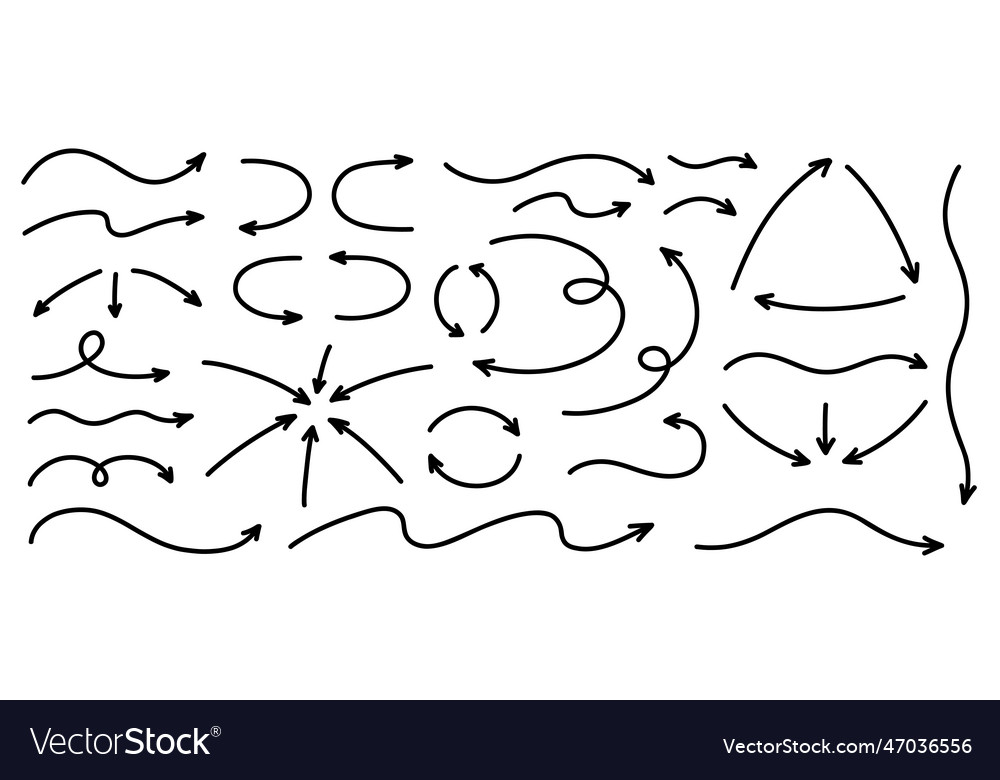 Hand drawn semibold line arrows set curvy