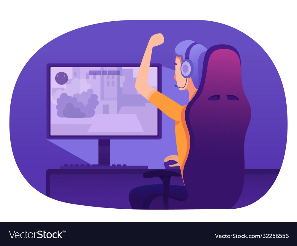 Man in headset playing video game at computer vector image Man in headset playing video game at computer
