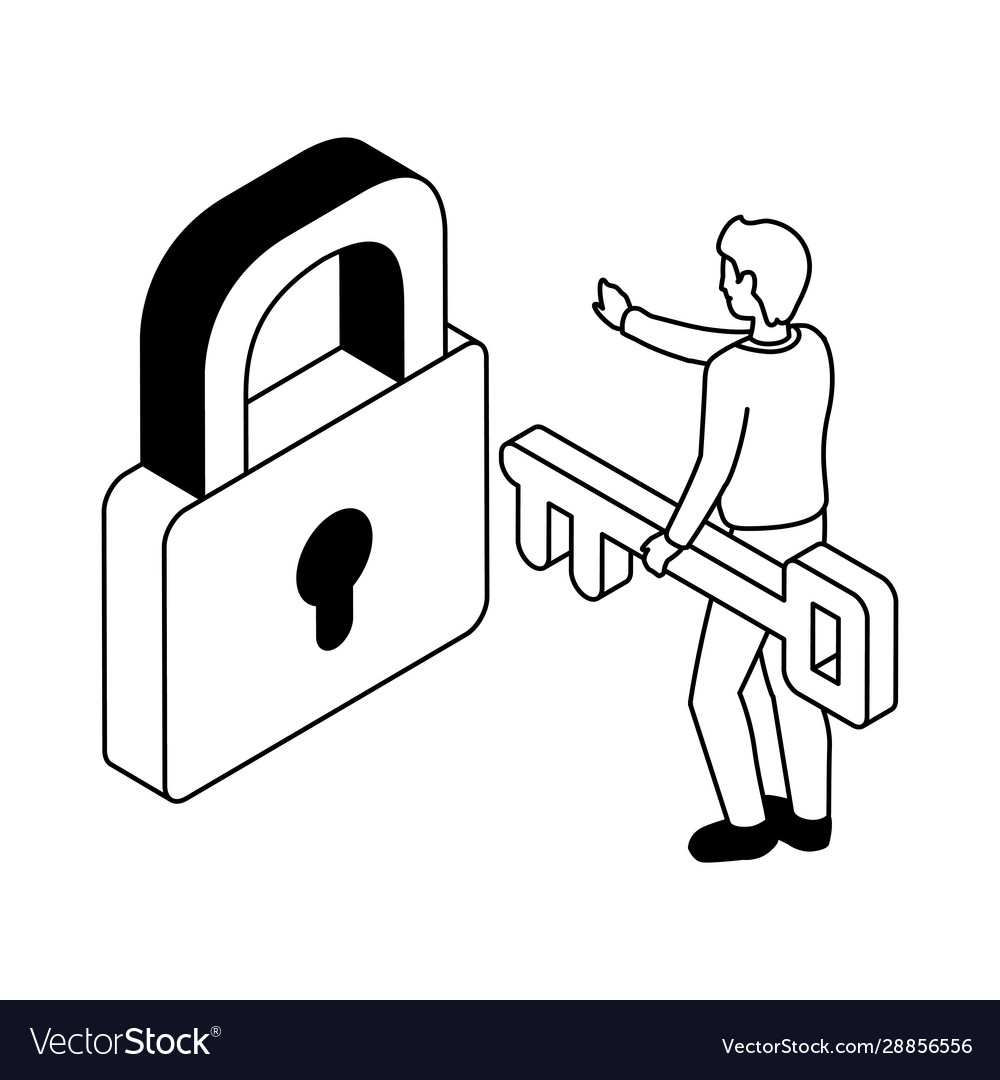 Man with security padlock and key on white
