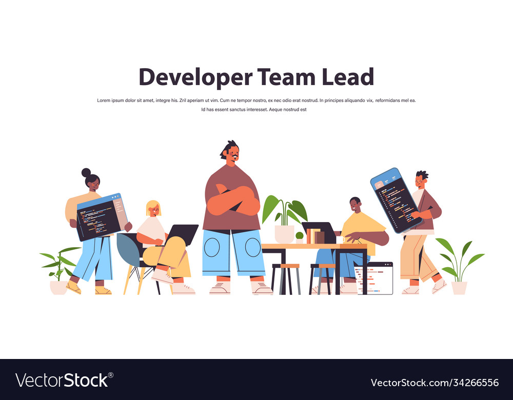 Team lead engineer with developers coding together Vector Image Team lead engineer with developers coding together