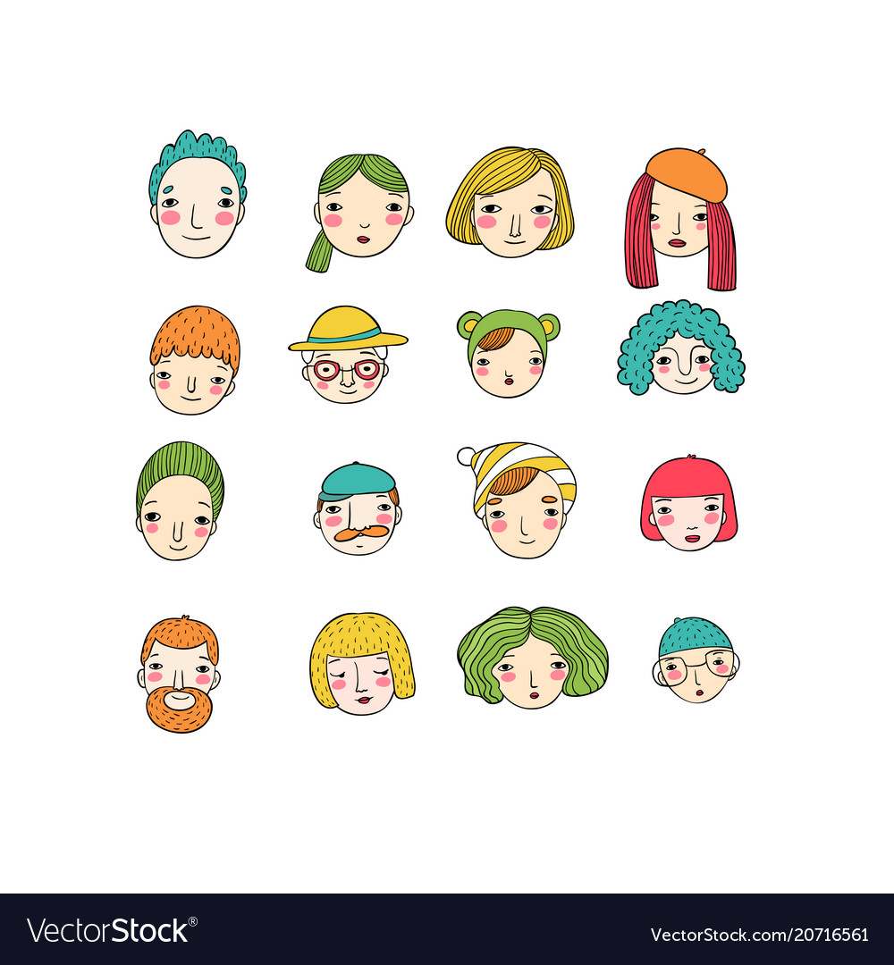 Different faces hand drawing isolated objects vector image Different faces hand drawing isolated objects