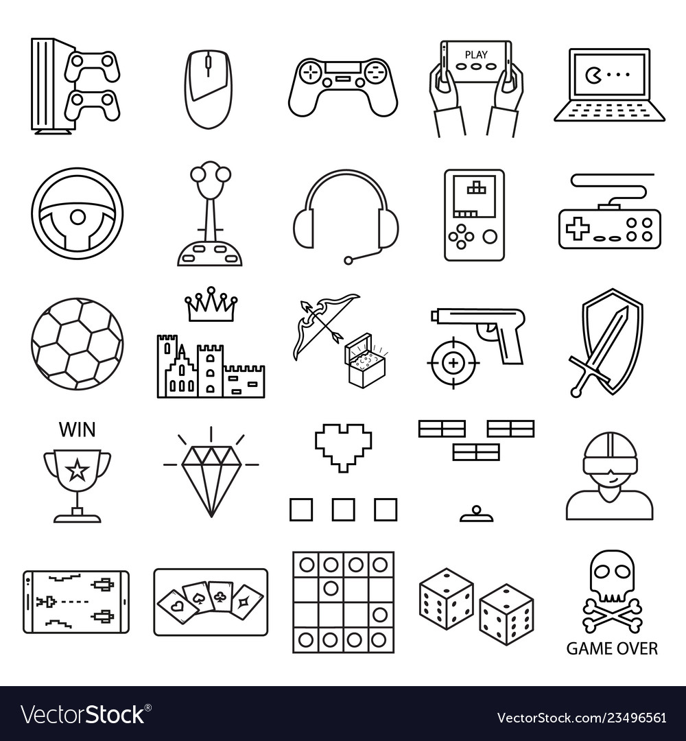 Spiel Zeichen schwarz dünne Linie Symbol gesetzt vector image Spiel Zeichen schwarz dünne Linie Symbol gesetzt