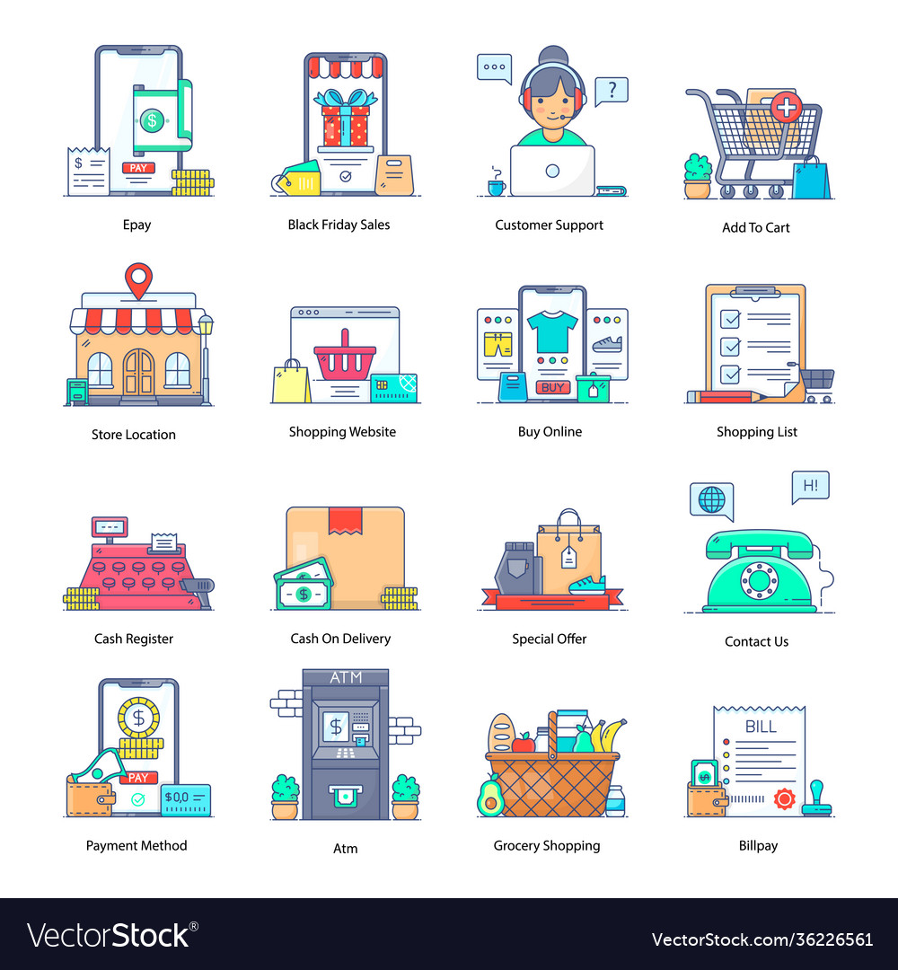Einkaufen und Lieferung flache Icons Pack