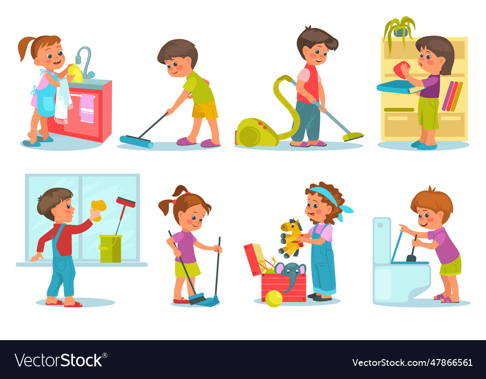 Smiling kids cleaning home little children wash Vector Image