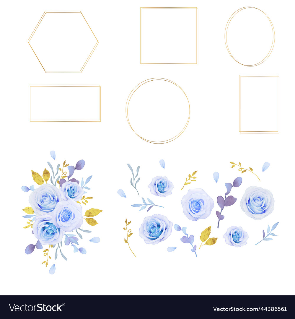 Wreath of branches blue roses and gold frame