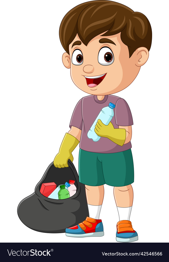 Cartoon boy collecting plastic garbage Royalty Free Vector