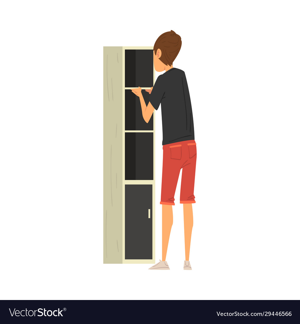 Man assembling and installing new cupboard manual vector image Man assembling and installing new cupboard manual
