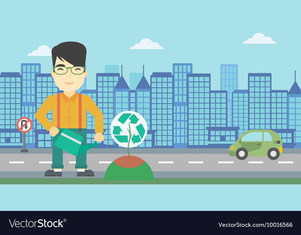 Man watering tree with recycle sign
