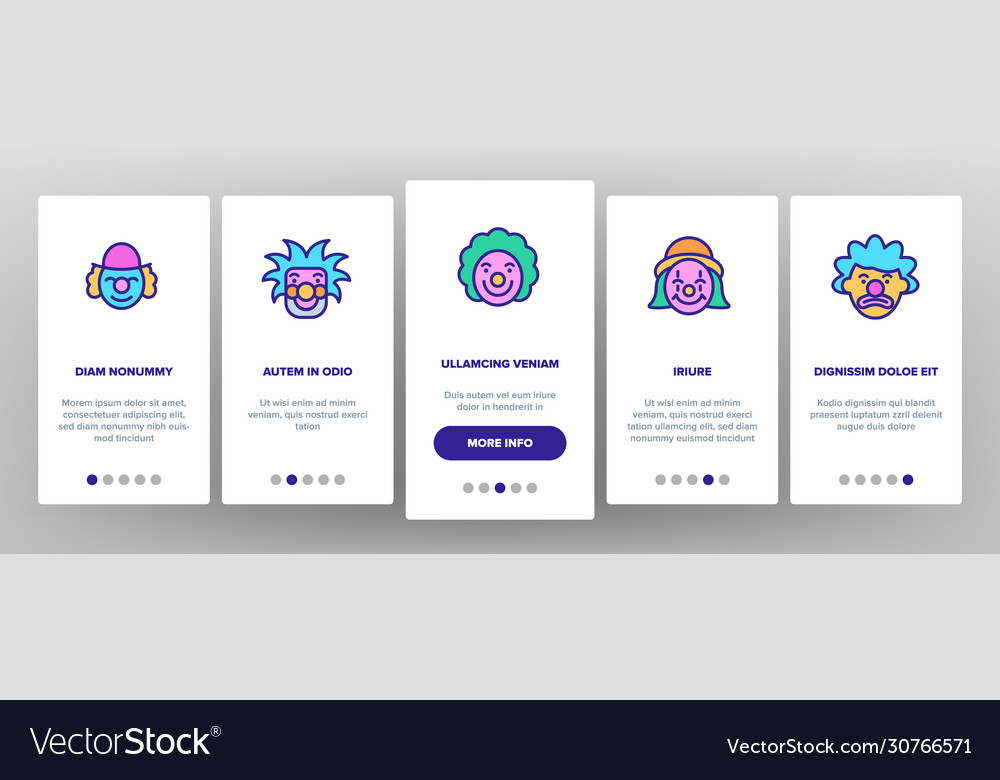 Clown circus character onboarding icons set vector image Clown circus character onboarding icons set
