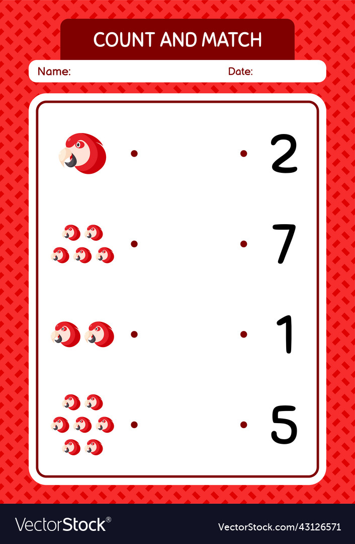 Count and match game with parrot worksheet vector image Count and match game with parrot worksheet