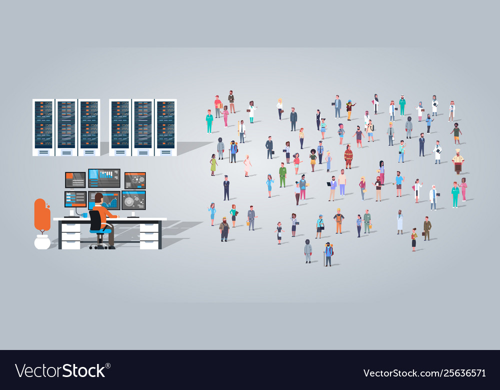 Man working in data center over people group vector image Man working in data center over people group