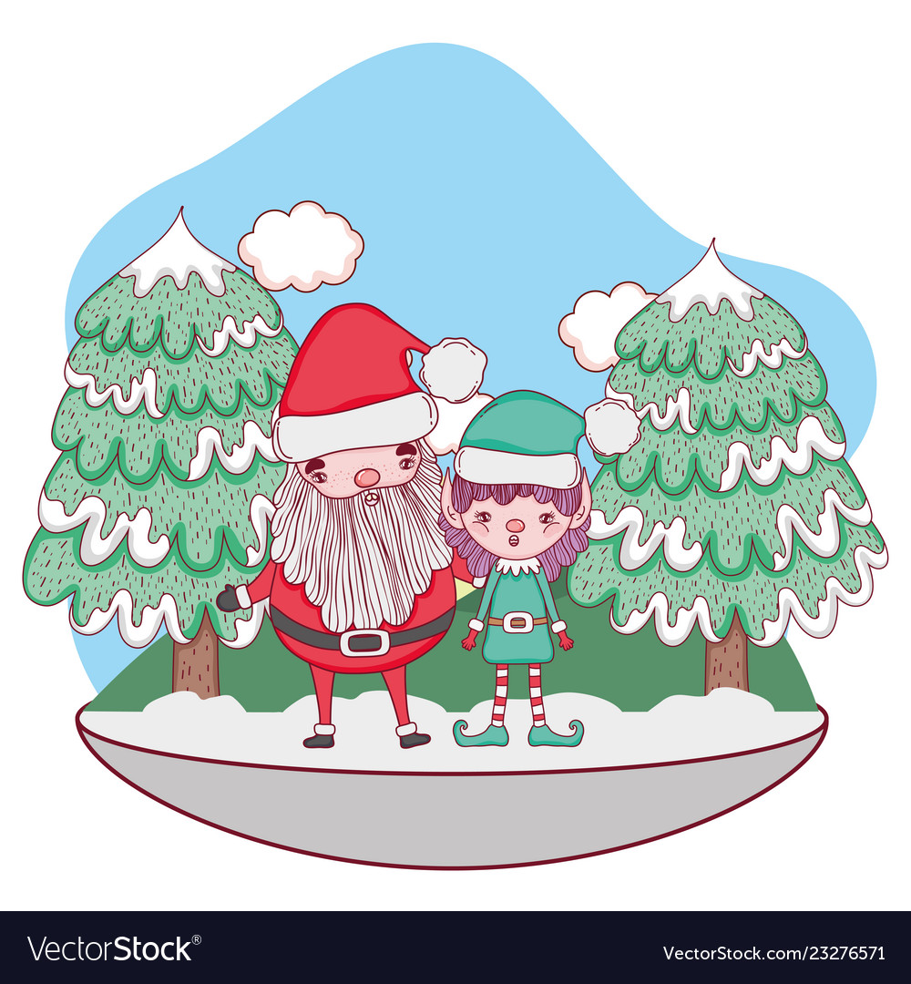 Santa claus with tree and helper in the snowscape