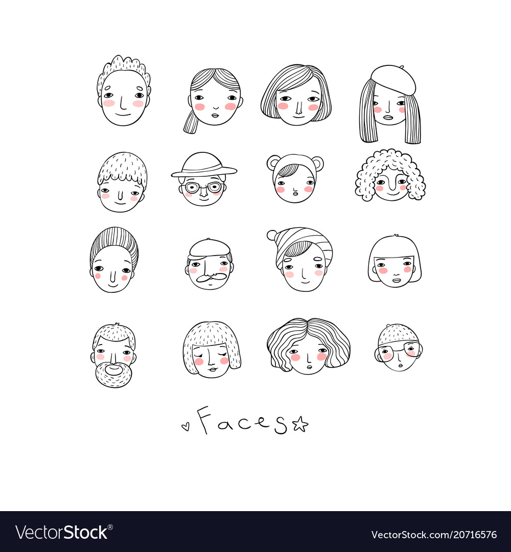 Different faces hand drawing isolated objects vector image Different faces hand drawing isolated objects