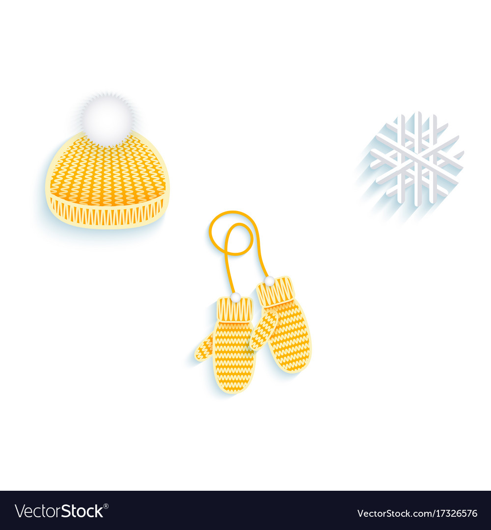 Flat knitted hat mittens snowflake icon