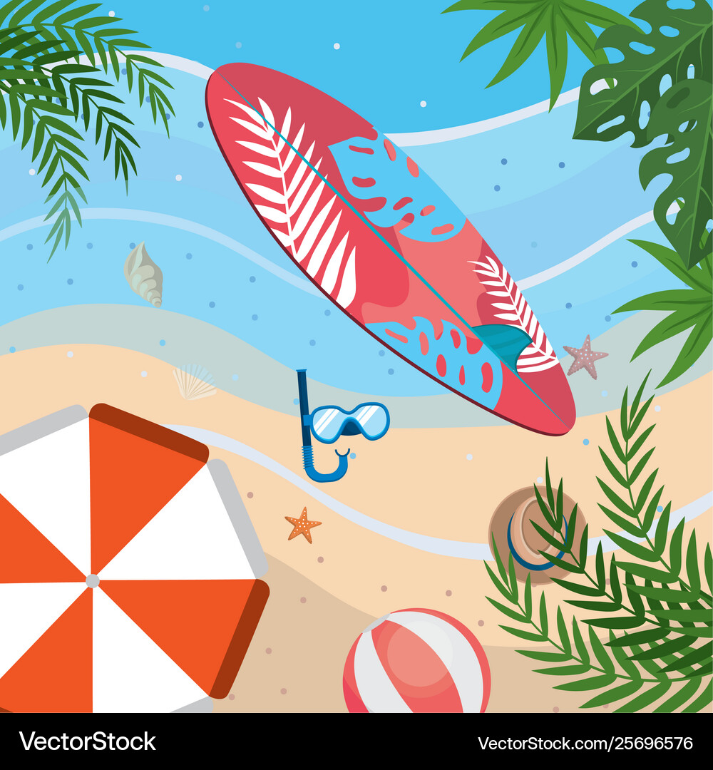 Surfboard with snorkel masks and umbrella Vector Image