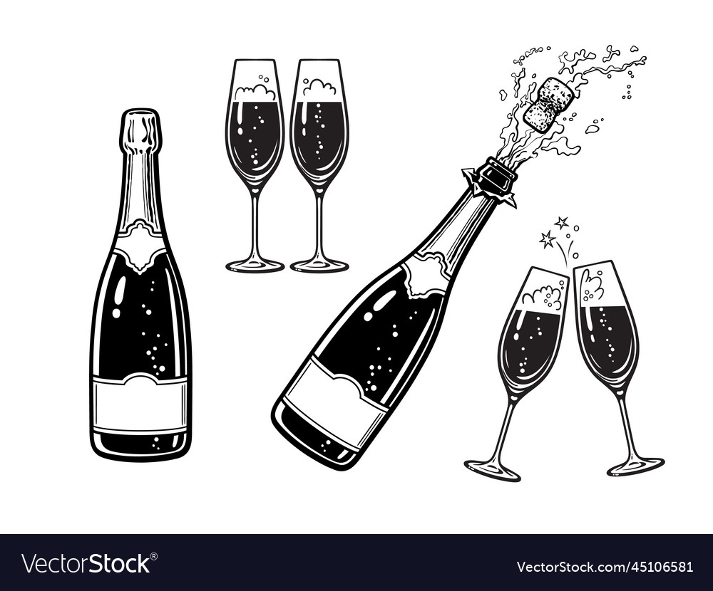 Bottle of champagne and pair of glasses popping Vector Image