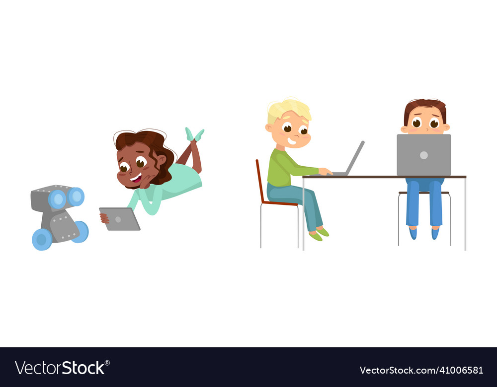 Cute little kid programming and creating smart vector image Cute little kid programming and creating smart