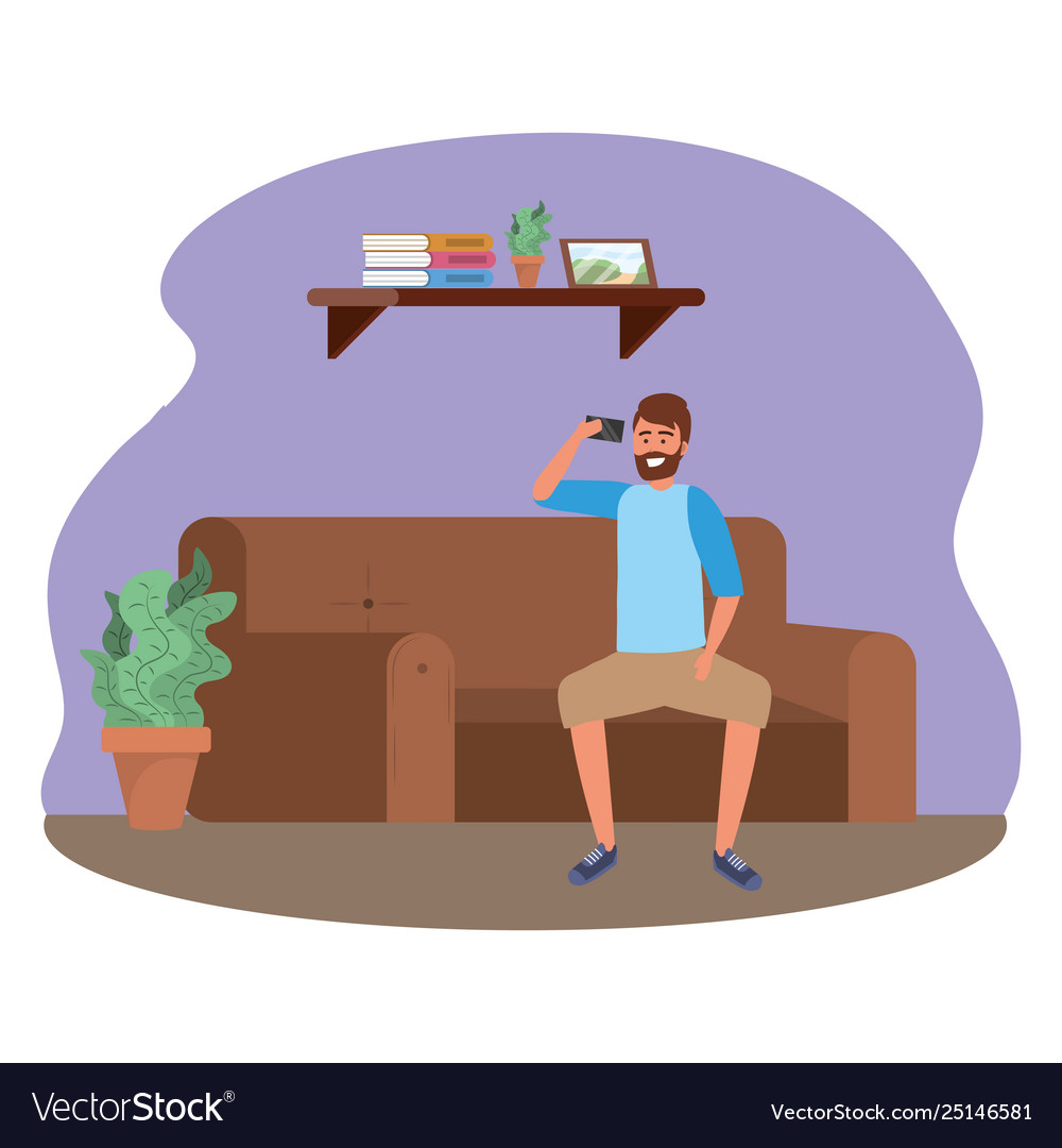 Millenial Person Sitting Using Smartphone Indoors Vector Image