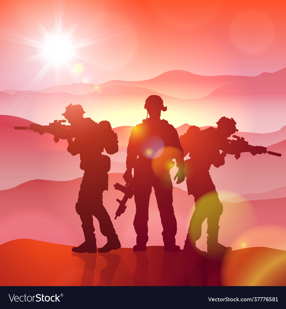 Silhouette a soldiers against sunrise Royalty Free Vector