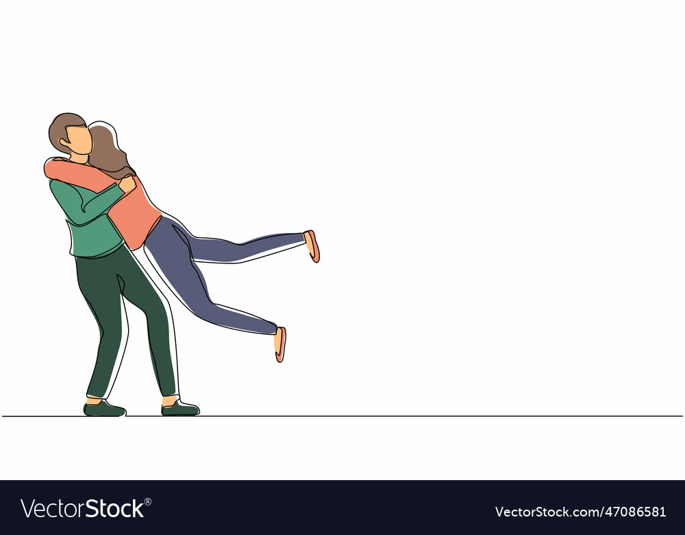 Single one line drawing happy couple hugging Vector Image