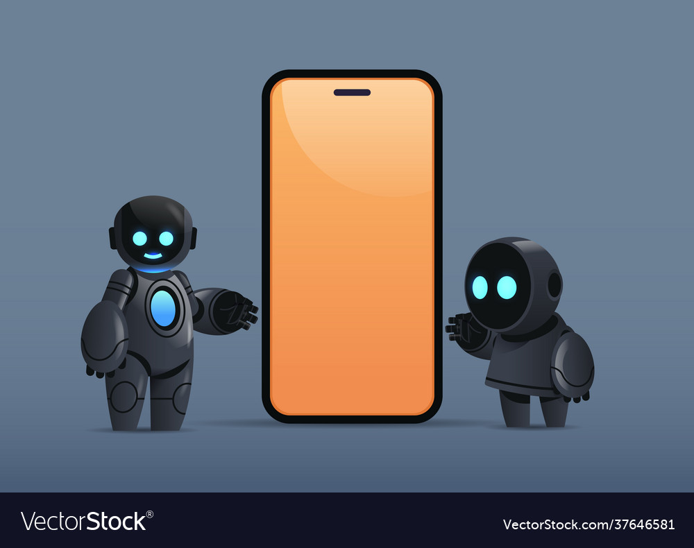 Two robots standing near smartphone with blank