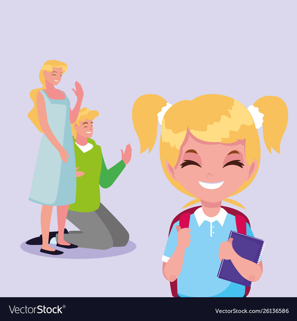 Cute little student girl with parents Royalty Free Vector