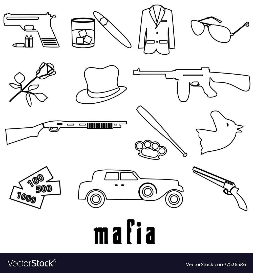 Mafia criminal black outline symbols and icons set