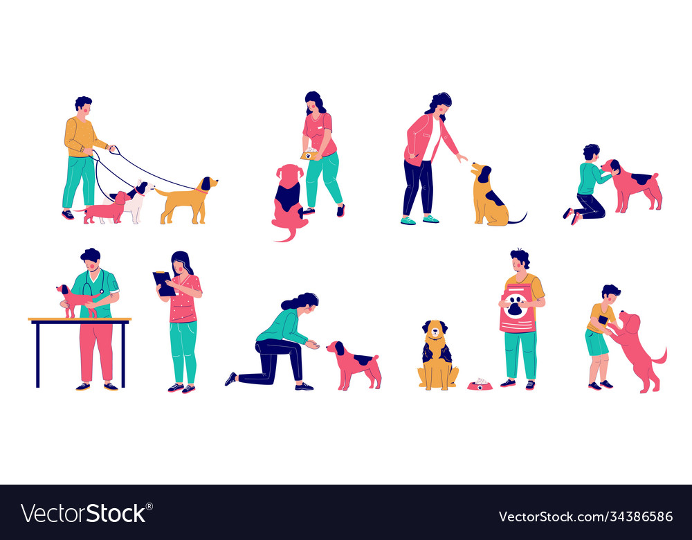 People with dogs flat isolated Royalty Free Vector Image